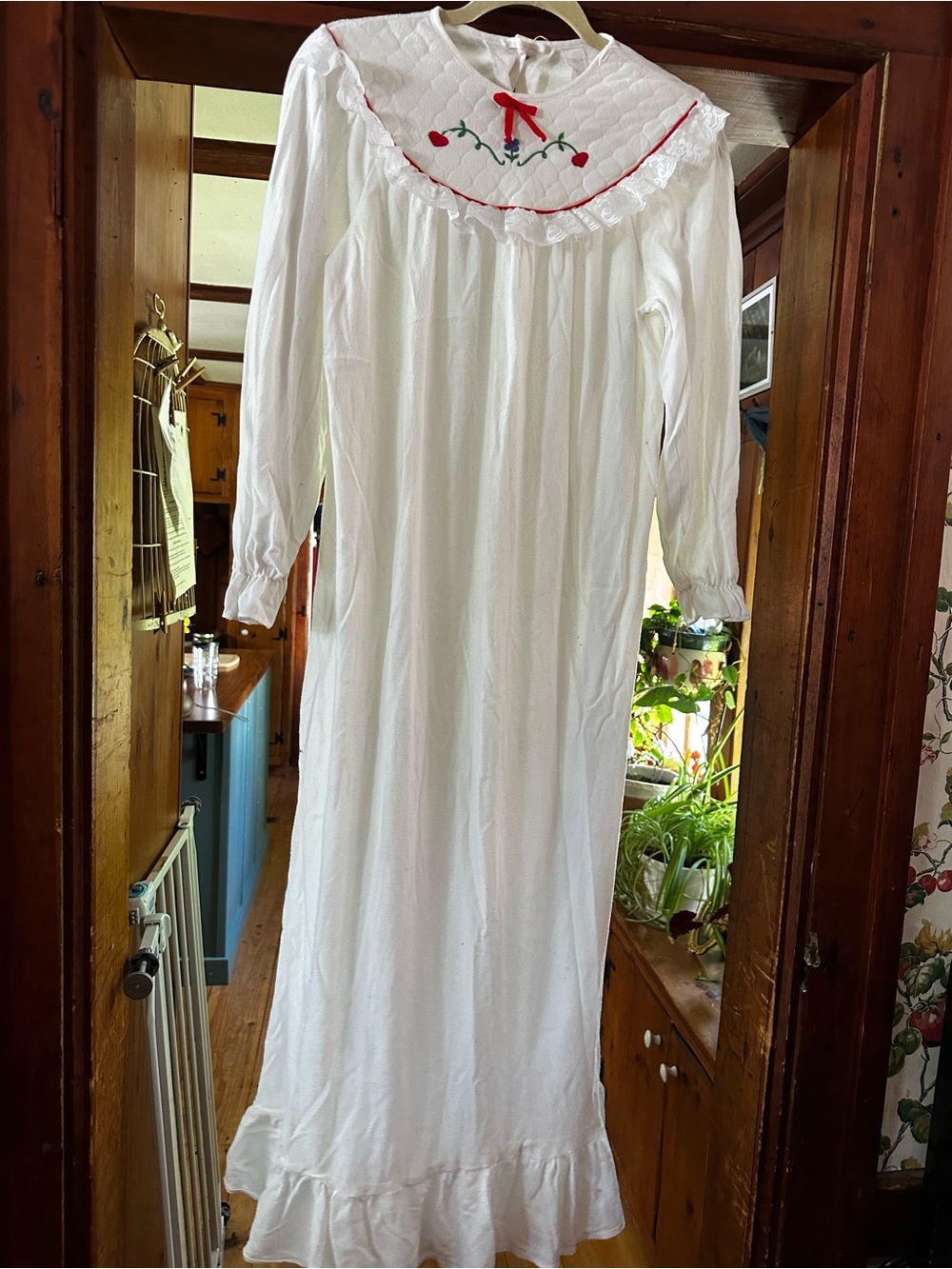 Classic White Long-Sleeve Cotton Nightgown with Red Trim and Embroidery